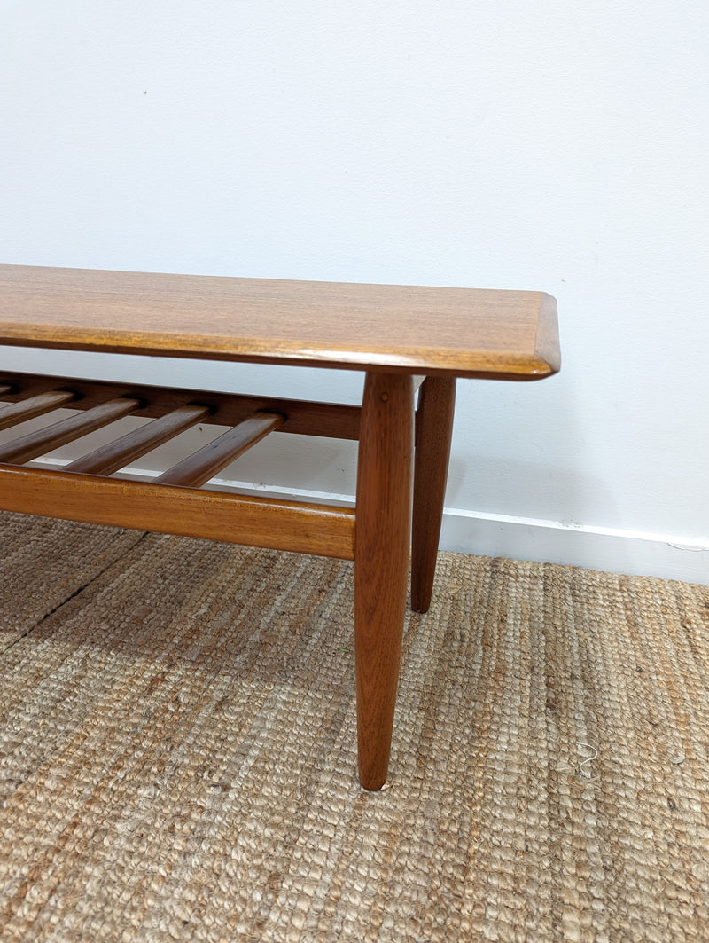 Coffee table teak magazine rack MCM 1960s restored golden brown