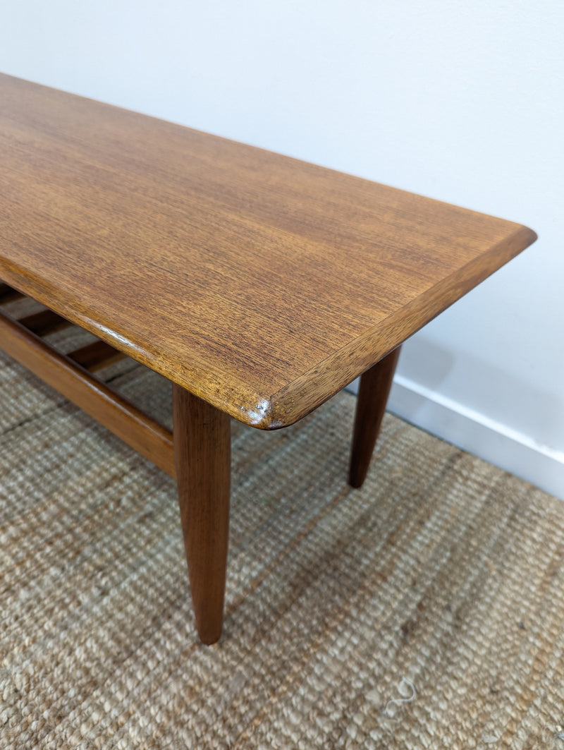 Coffee table teak magazine rack MCM 1960s restored golden brown