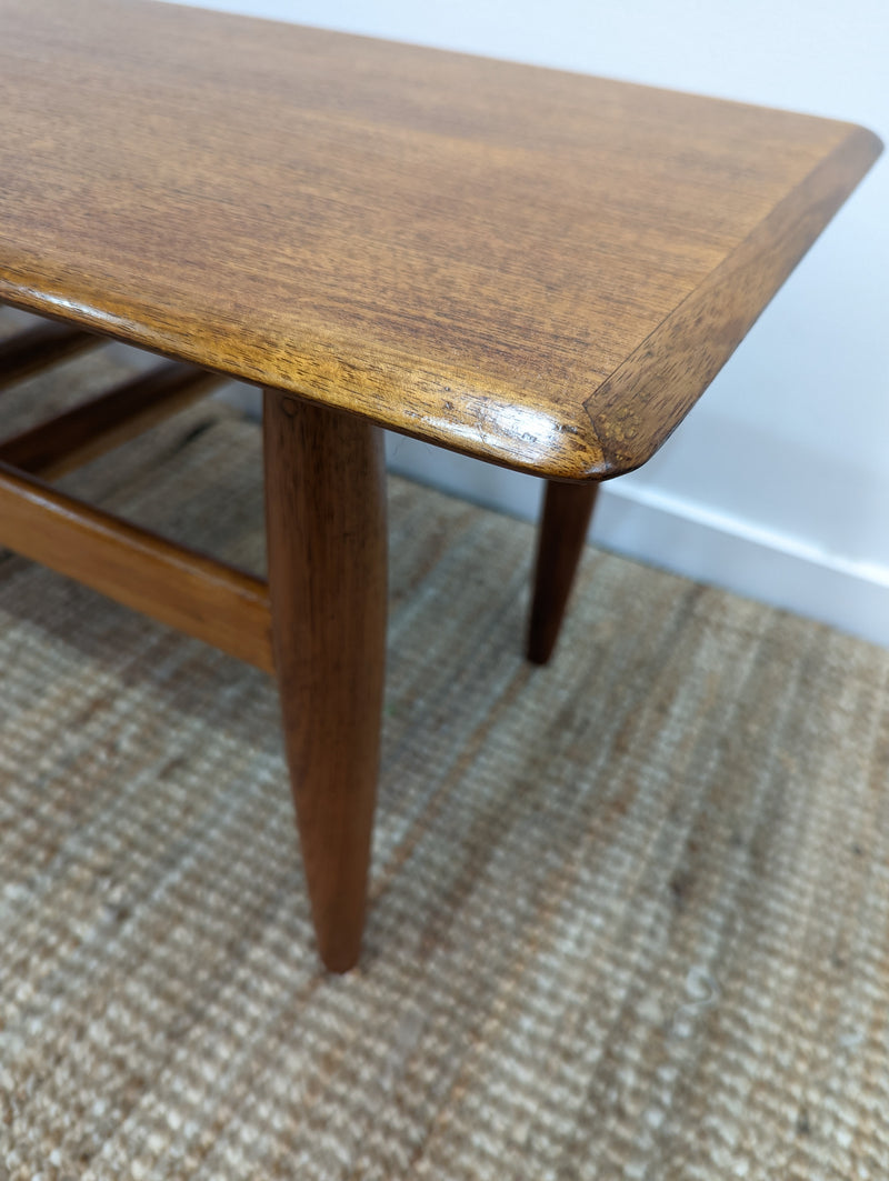 Coffee table teak magazine rack MCM 1960s restored golden brown