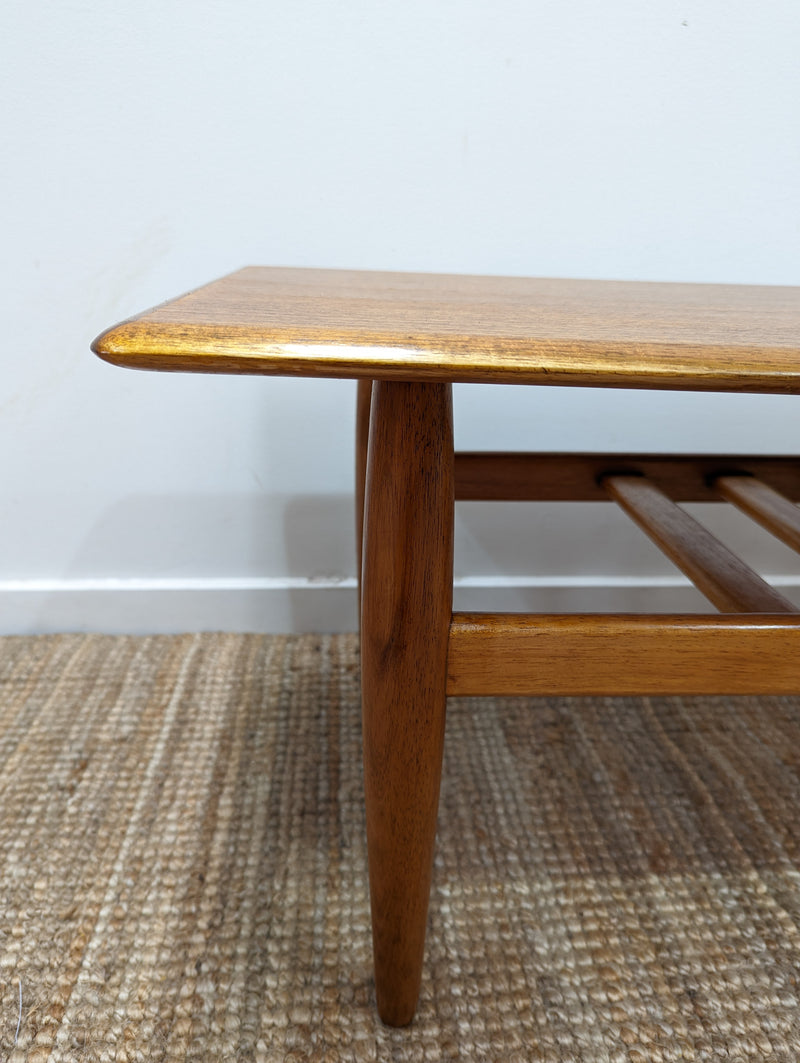 Coffee table teak magazine rack MCM 1960s restored golden brown