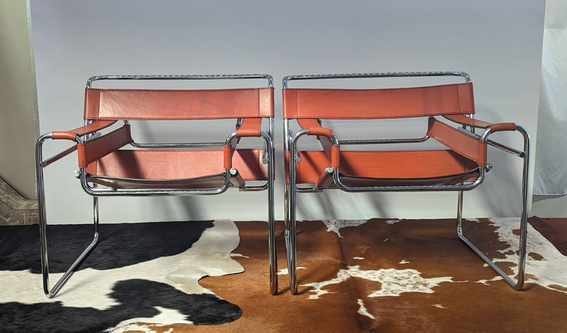 Original pair Marcel Breuer Wassily chairs by Gavina cognac leather restored