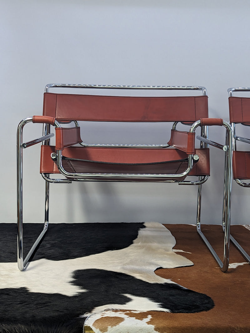 Original pair Marcel Breuer Wassily chairs by Gavina cognac leather restored