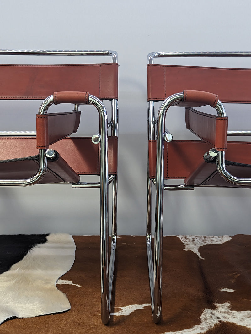 Original pair Marcel Breuer Wassily chairs by Gavina cognac leather restored