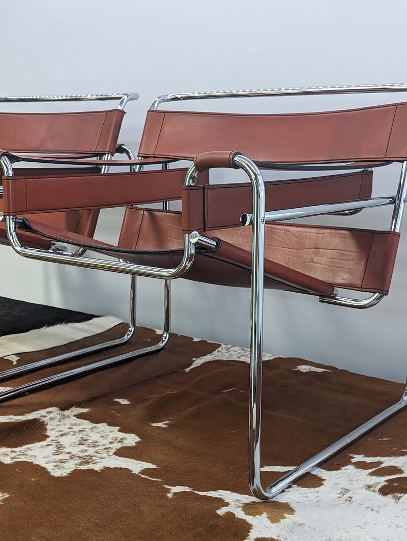 Original pair Marcel Breuer Wassily chairs by Gavina cognac leather restored