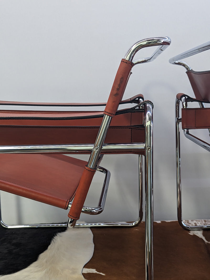 Original pair Marcel Breuer Wassily chairs by Gavina cognac leather restored