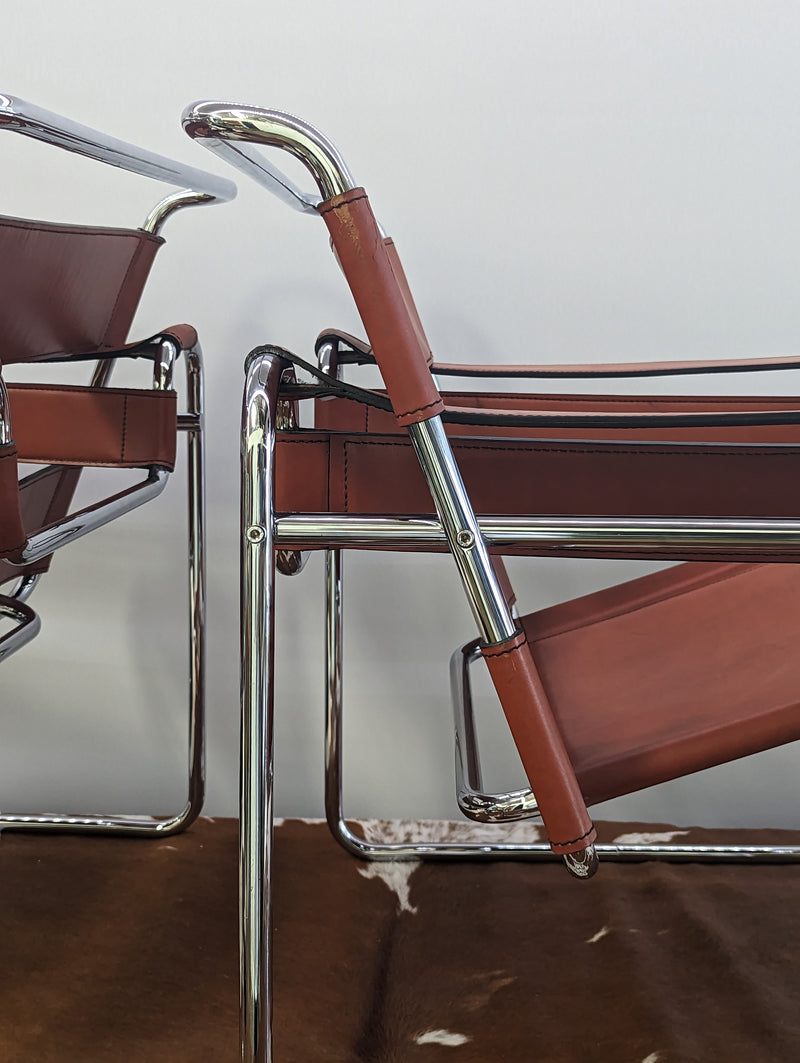 Original pair Marcel Breuer Wassily chairs by Gavina cognac leather restored