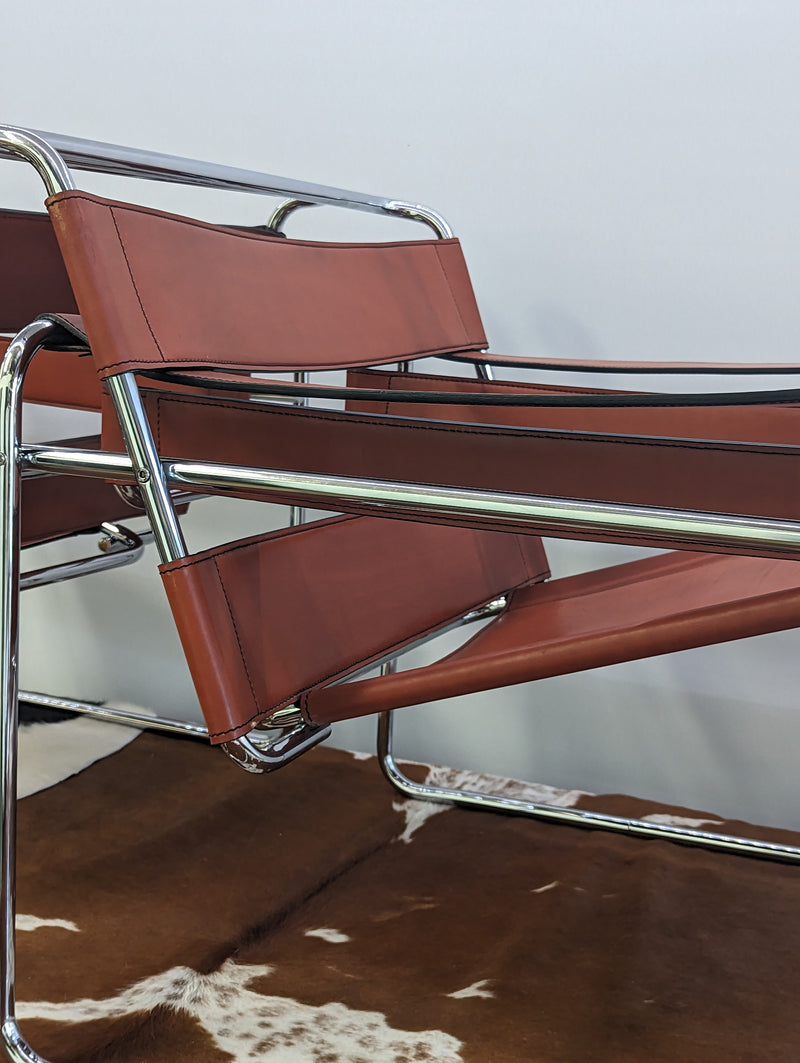 Original pair Marcel Breuer Wassily chairs by Gavina cognac leather restored