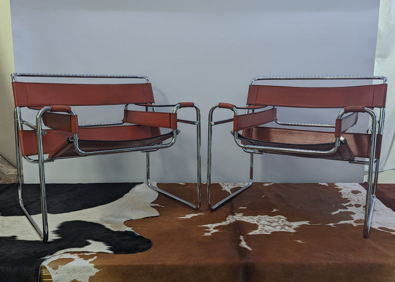 Original pair Marcel Breuer Wassily chairs by Gavina cognac leather restored