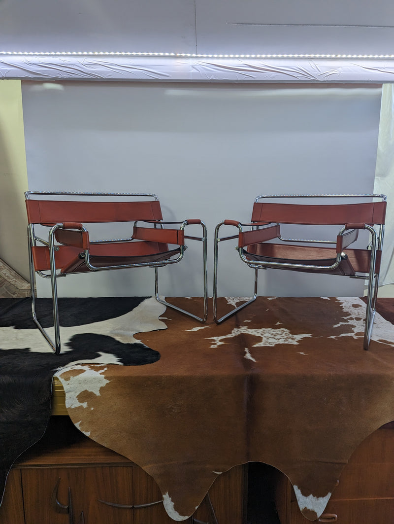 Original pair Marcel Breuer Wassily chairs by Gavina cognac leather restored