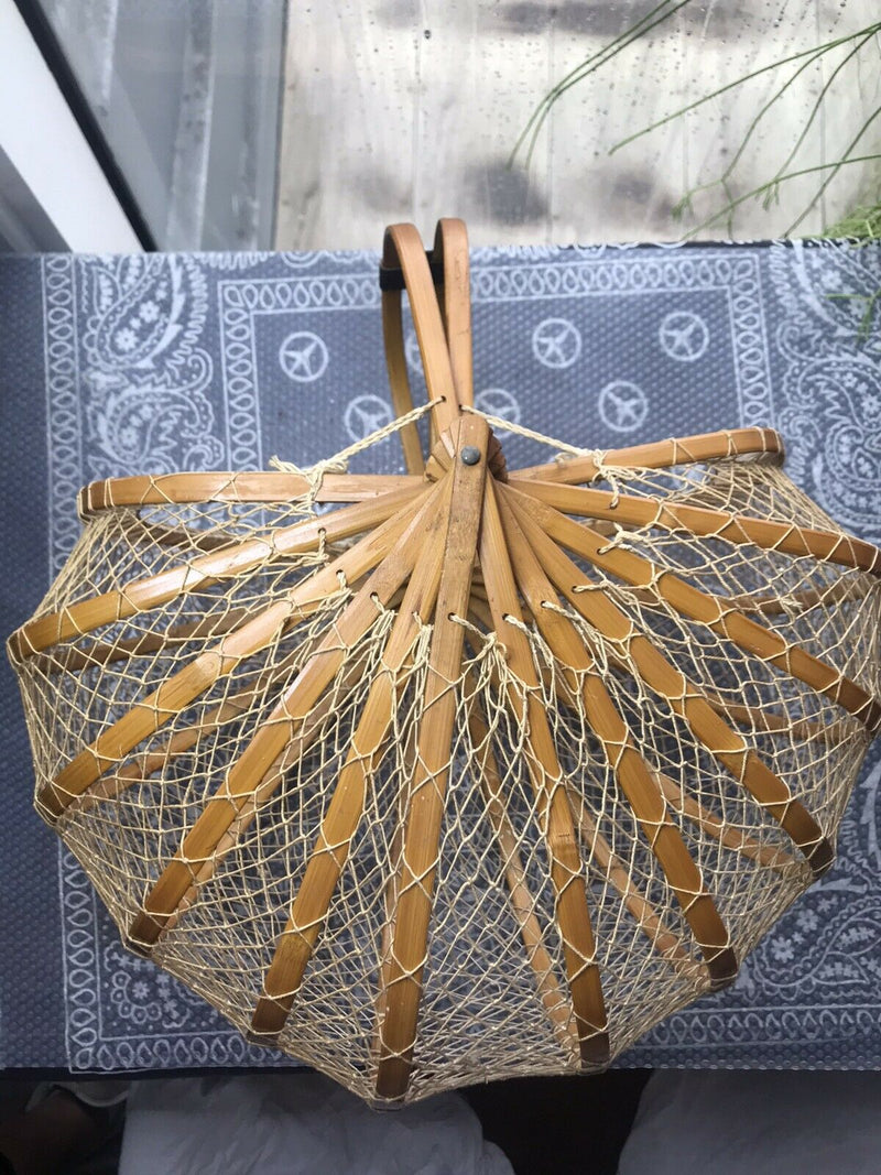 Post War Japanese Bamboo Wooden Cane String Folding Basket Antique