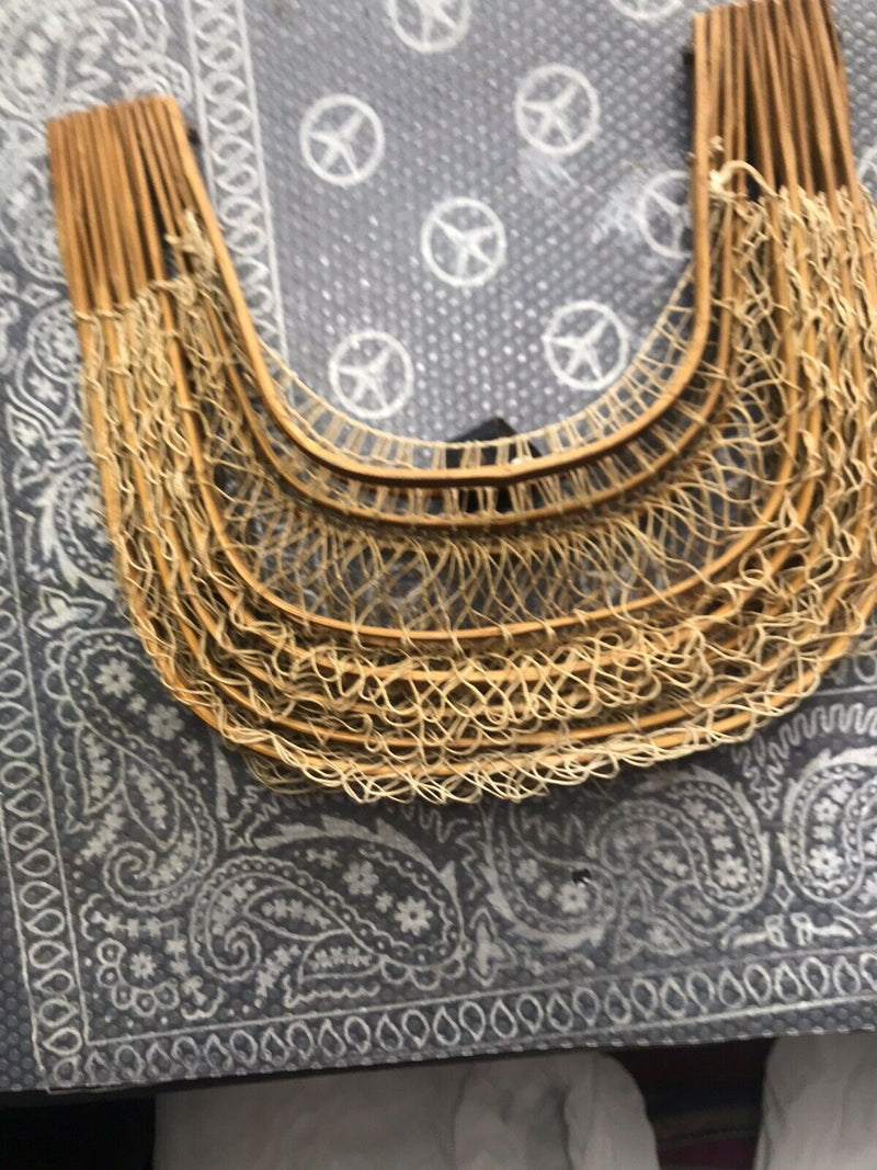 Post War Japanese Bamboo Wooden Cane String Folding Basket Antique