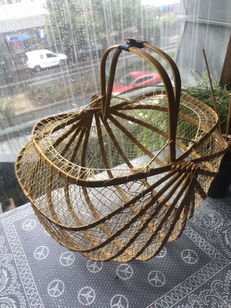 Post War Japanese Bamboo Wooden Cane String Folding Basket Antique