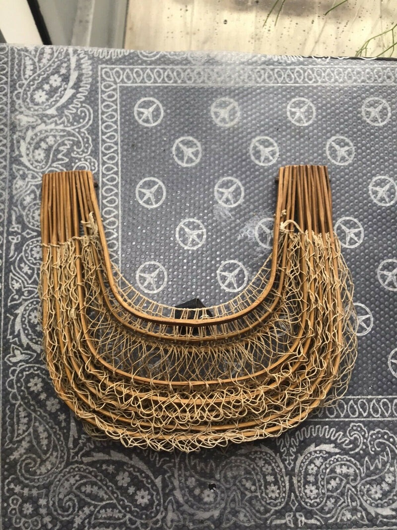 Post War Japanese Bamboo Wooden Cane String Folding Basket Antique
