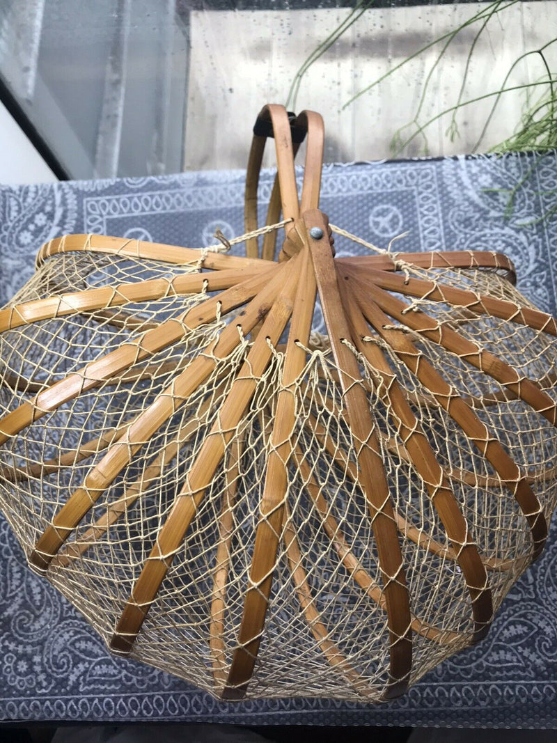Post War Japanese Bamboo Wooden Cane String Folding Basket Antique