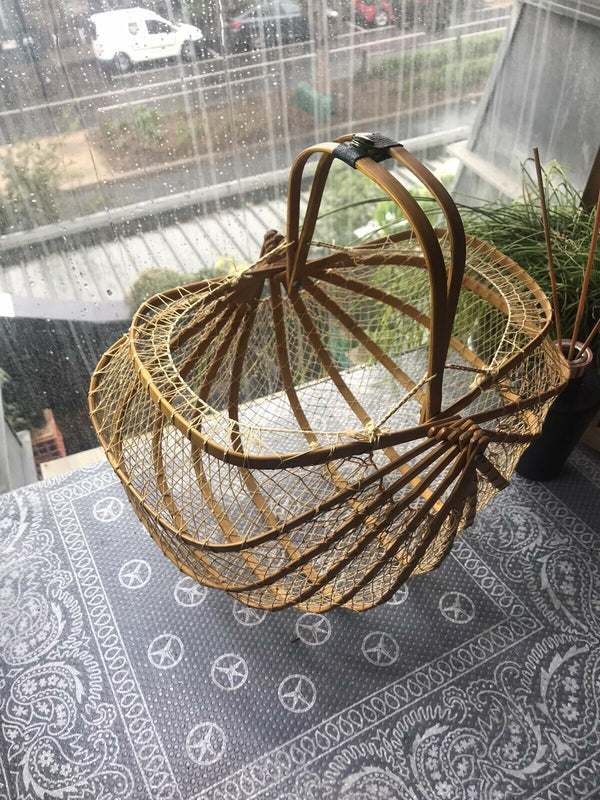 Post War Japanese Bamboo Wooden Cane String Folding Basket Antique