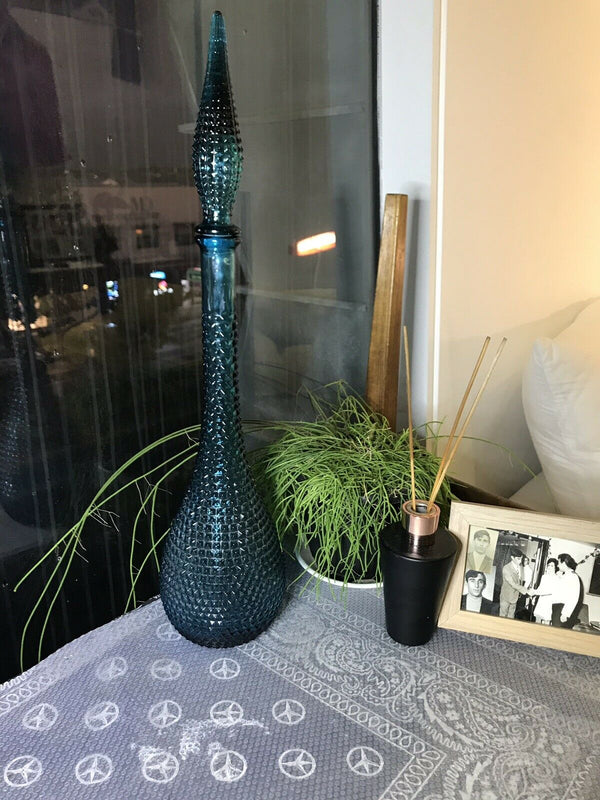 Blue genie bottle decanter 1960s glass mcm vintage medium Italy