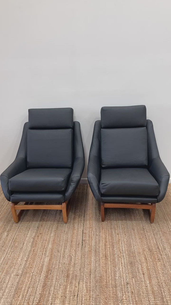Danish Deluxe Trina pair armchairs sleigh low authentic top grain Italian black leather fully restored