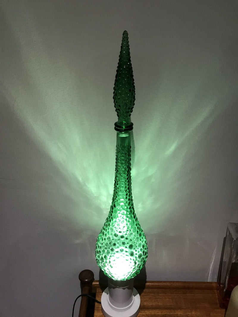 Green genie bottle decanter 1960s glass mcm vintage Made In Italy mark