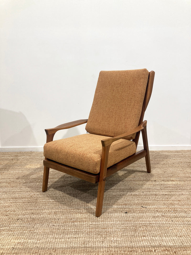 Pre - order: Danish Deluxe paddle high back armchairs Inga restored Zepel fabric boucle teak