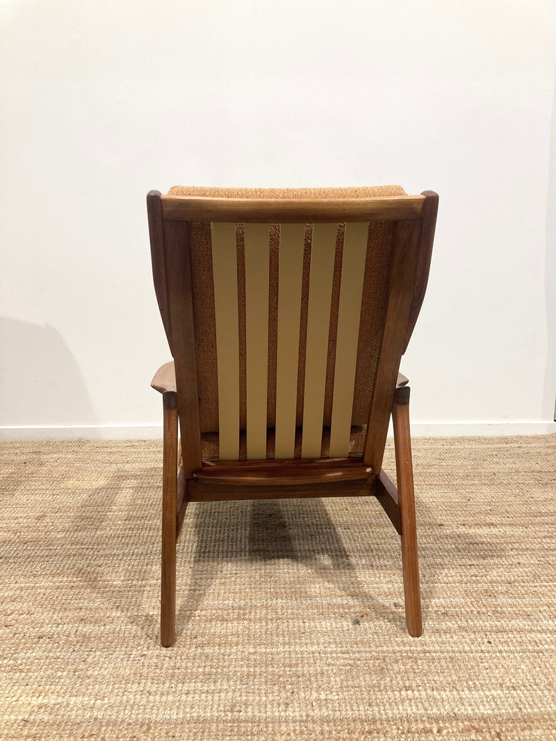 Pre - order: Danish Deluxe paddle high back armchairs Inga restored Zepel fabric boucle teak