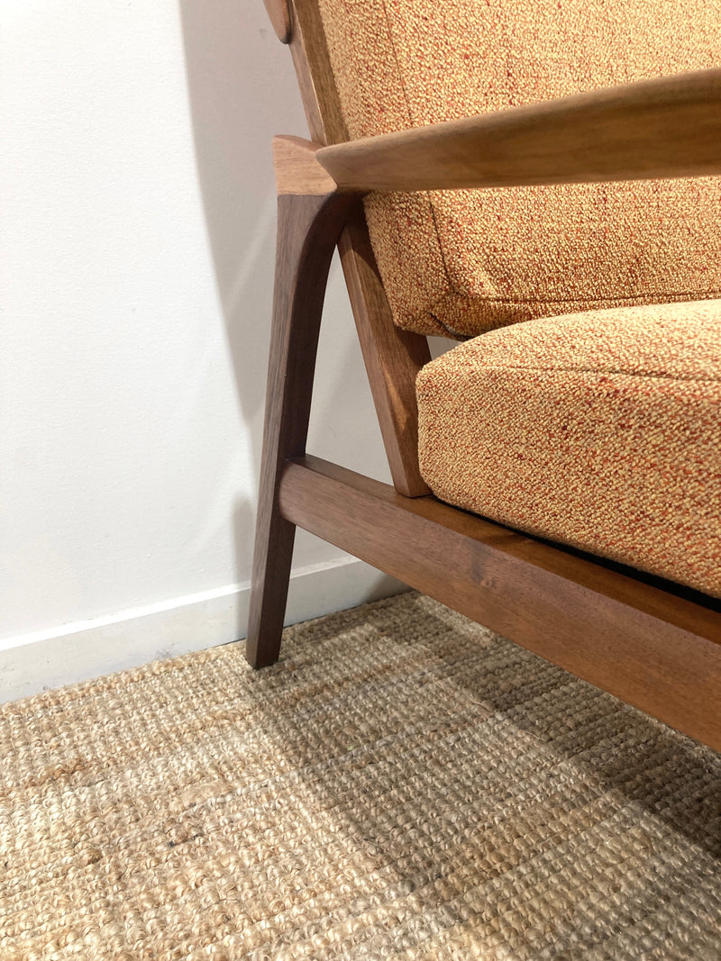 Pre - order: Danish Deluxe paddle high back armchairs Inga restored Zepel fabric boucle teak