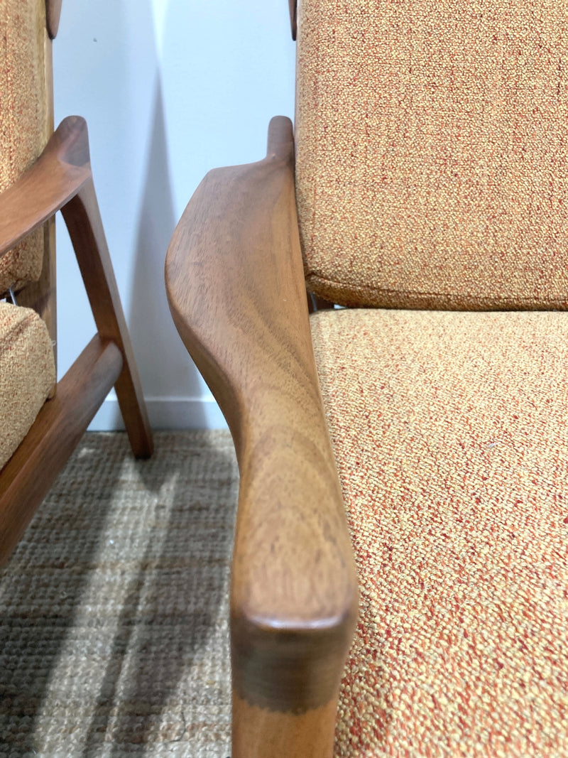 Pre - order: Danish Deluxe paddle high back armchairs Inga restored Zepel fabric boucle teak