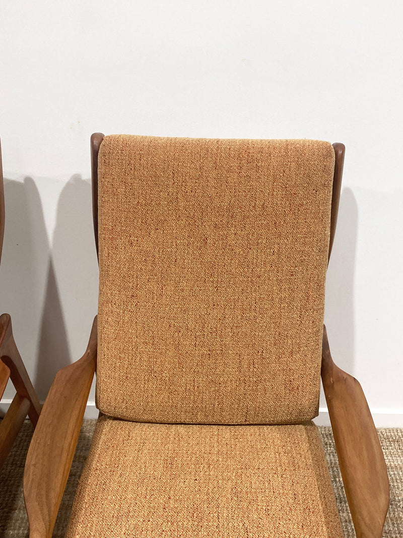 Pre - order: Danish Deluxe paddle high back armchairs Inga restored Zepel fabric boucle teak