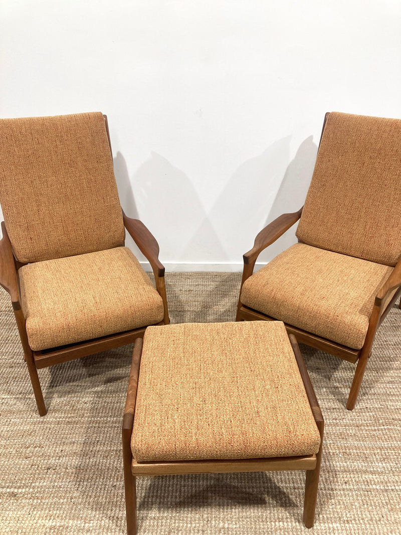 Pre - order: Danish Deluxe paddle high back armchairs Inga restored Zepel fabric boucle teak