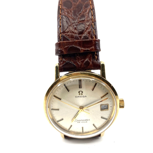 Omega seamaster De Ville gold mens wrist watch vintage restored serviced brown leather strap Cal 562