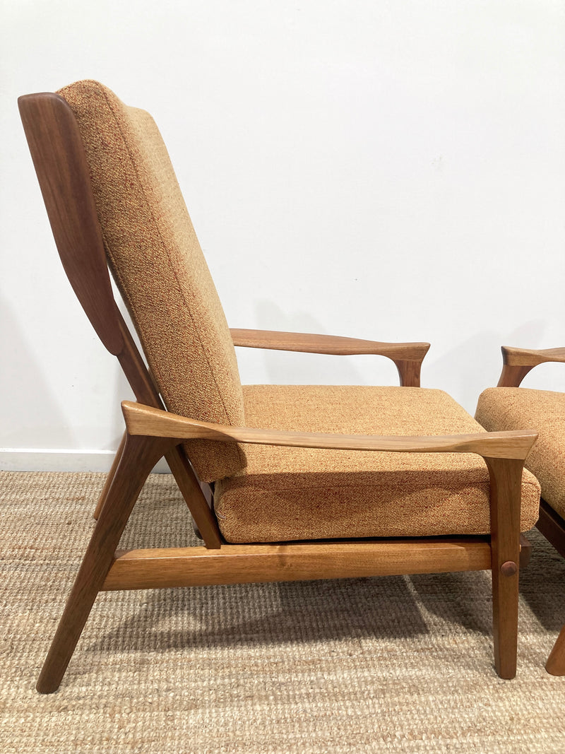 Pre - order: Danish Deluxe paddle high back armchairs Inga restored Zepel fabric boucle teak