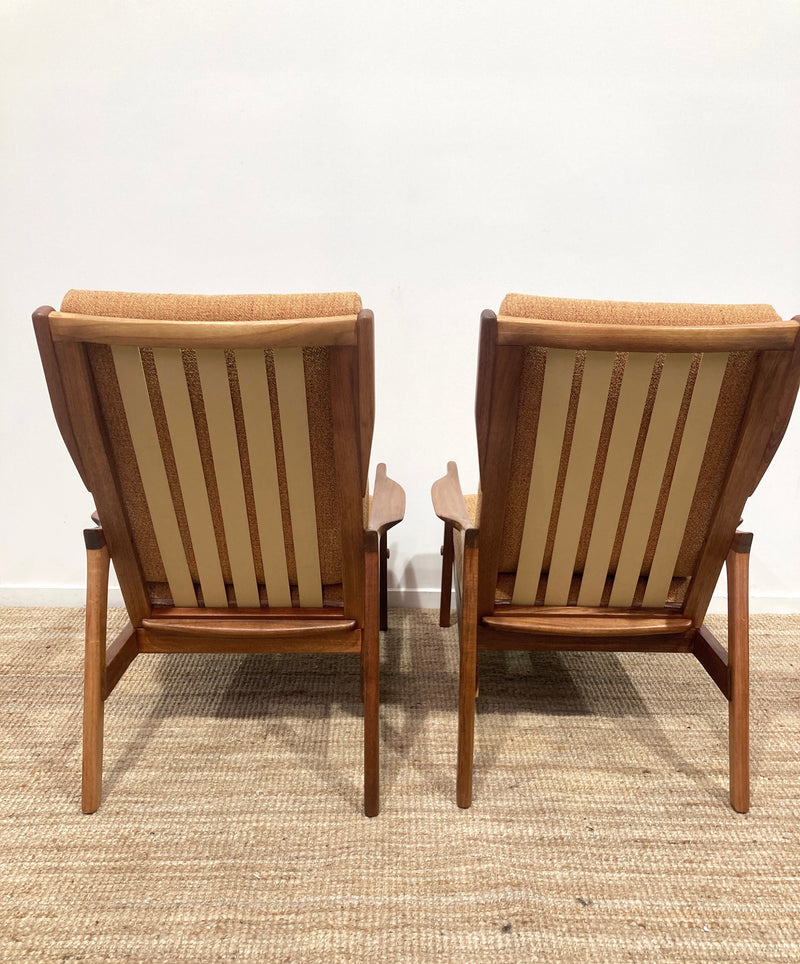 Pre - order: Danish Deluxe paddle high back armchairs Inga restored Zepel fabric boucle teak
