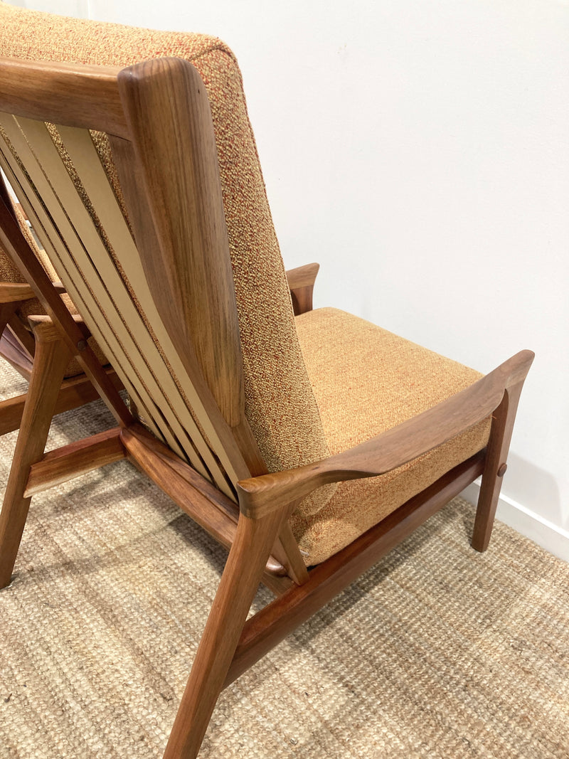 Pre - order: Danish Deluxe paddle high back armchairs Inga restored Zepel fabric boucle teak