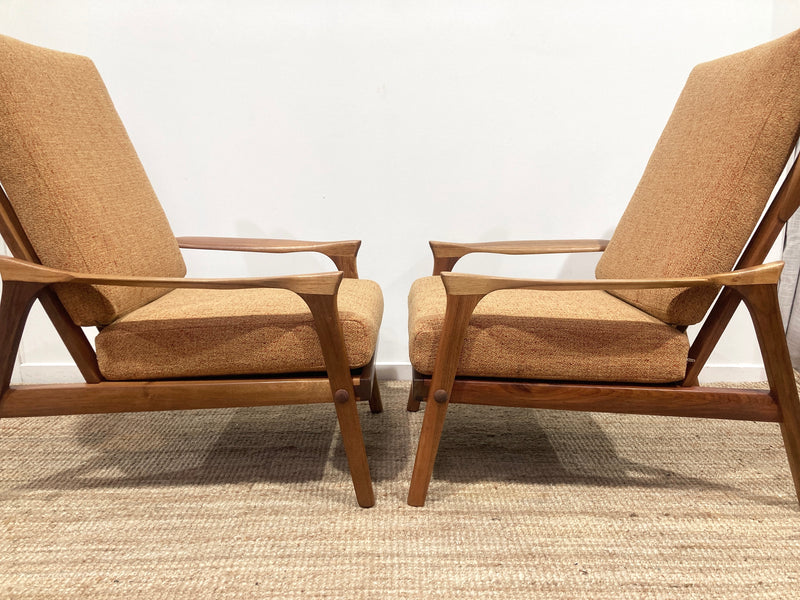 Pre - order: Danish Deluxe paddle high back armchairs Inga restored Zepel fabric boucle teak