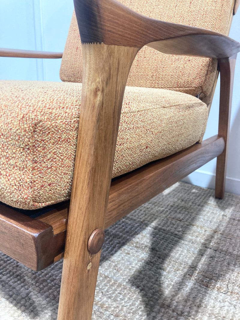 Pre - order: Danish Deluxe paddle high back armchairs Inga restored Zepel fabric boucle teak
