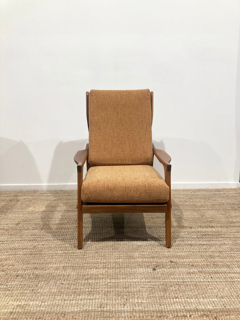 Pre - order: Danish Deluxe paddle high back armchairs Inga restored Zepel fabric boucle teak
