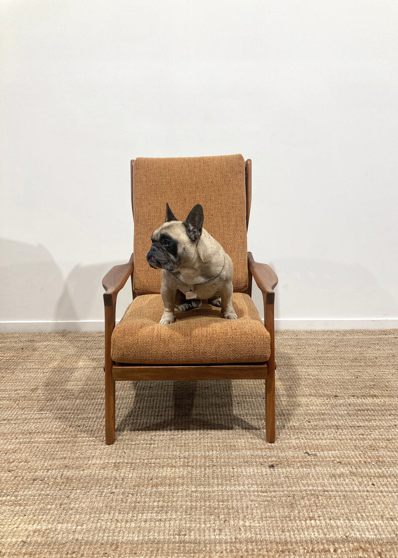 Pre - order: Danish Deluxe paddle high back armchairs Inga restored Zepel fabric boucle teak