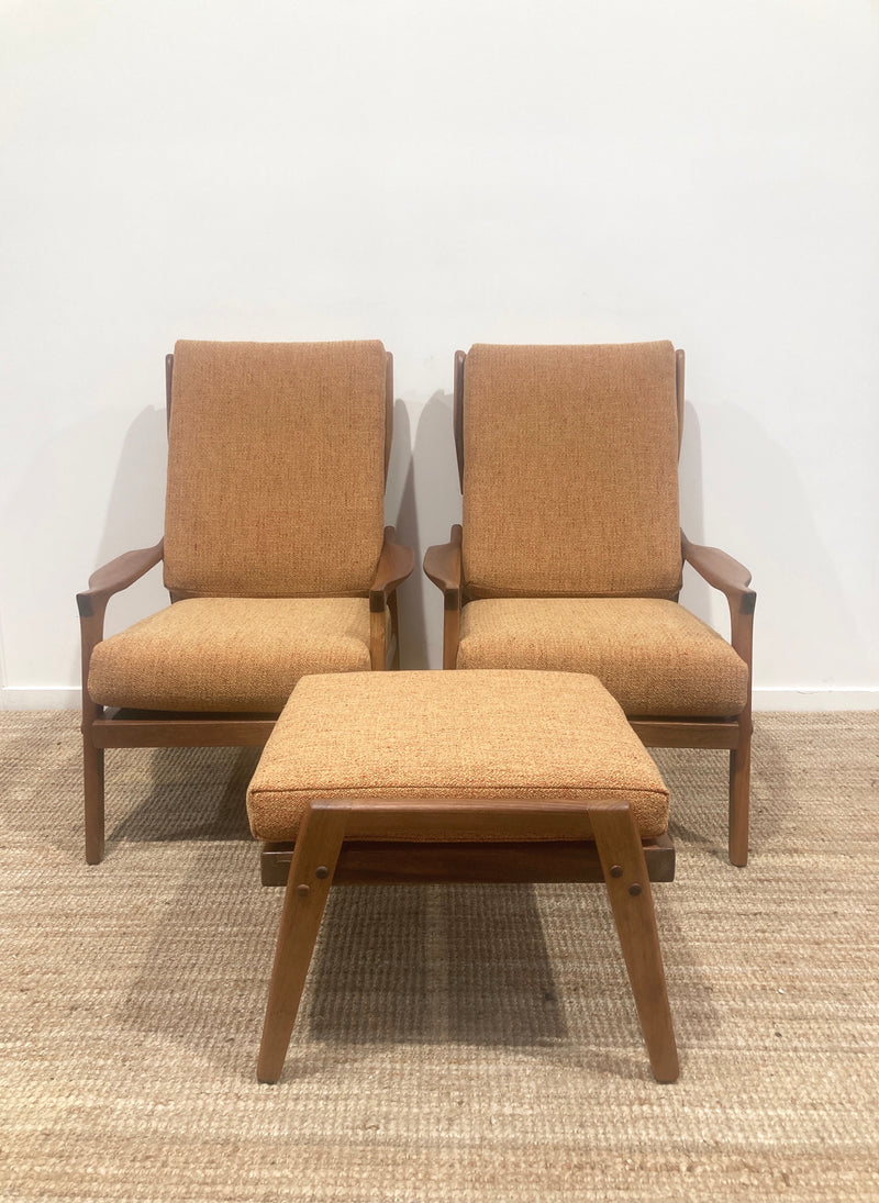 Pre - order: Danish Deluxe paddle high back armchairs Inga restored Zepel fabric boucle teak