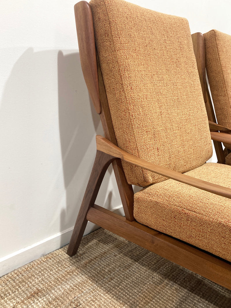 Pre - order: Danish Deluxe paddle high back armchairs Inga restored Zepel fabric boucle teak