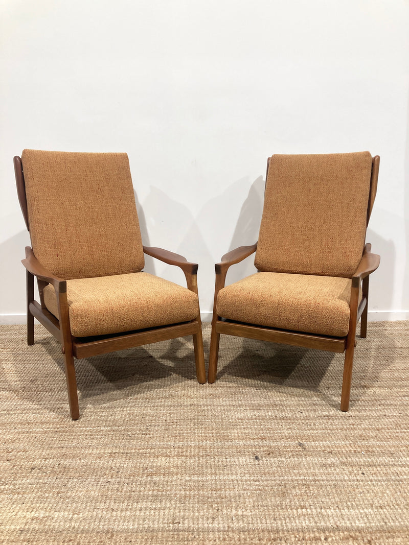 Pre - order: Danish Deluxe paddle high back armchairs Inga restored Zepel fabric boucle teak
