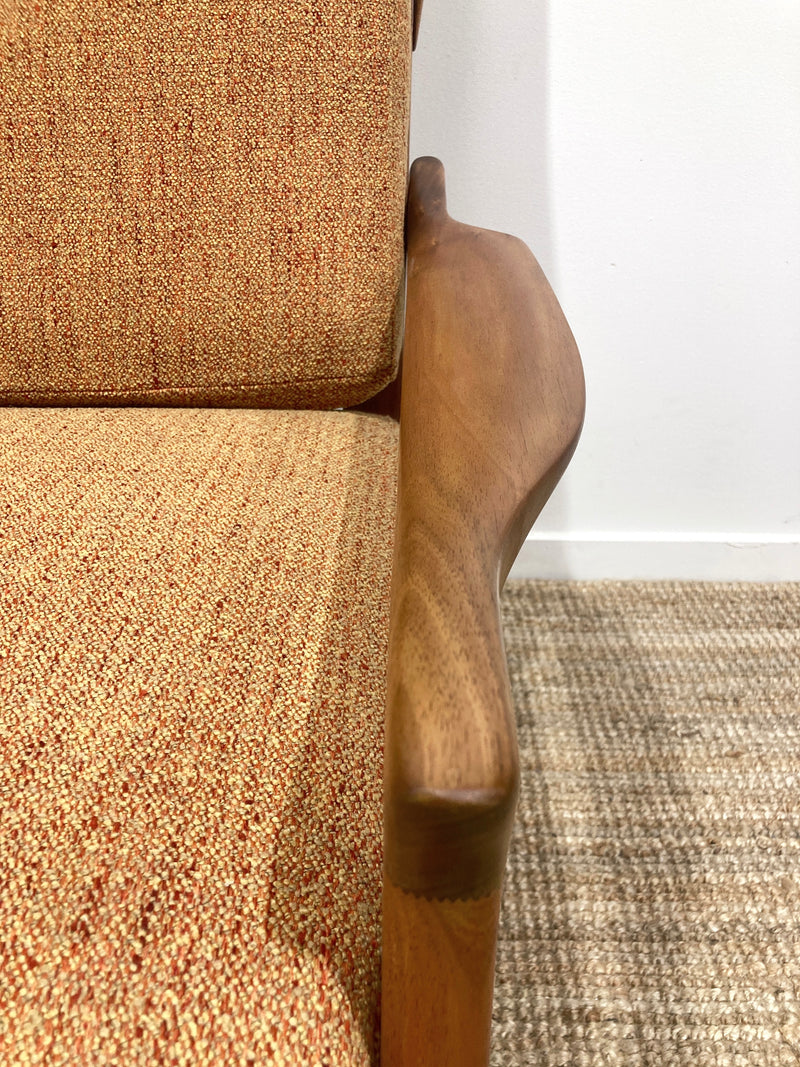 Pre - order: Danish Deluxe paddle high back armchairs Inga restored Zepel fabric boucle teak