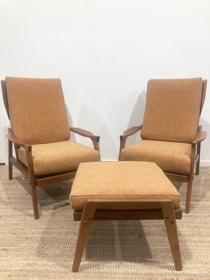 Pre - order: Danish Deluxe paddle high back armchairs Inga restored Zepel fabric boucle teak