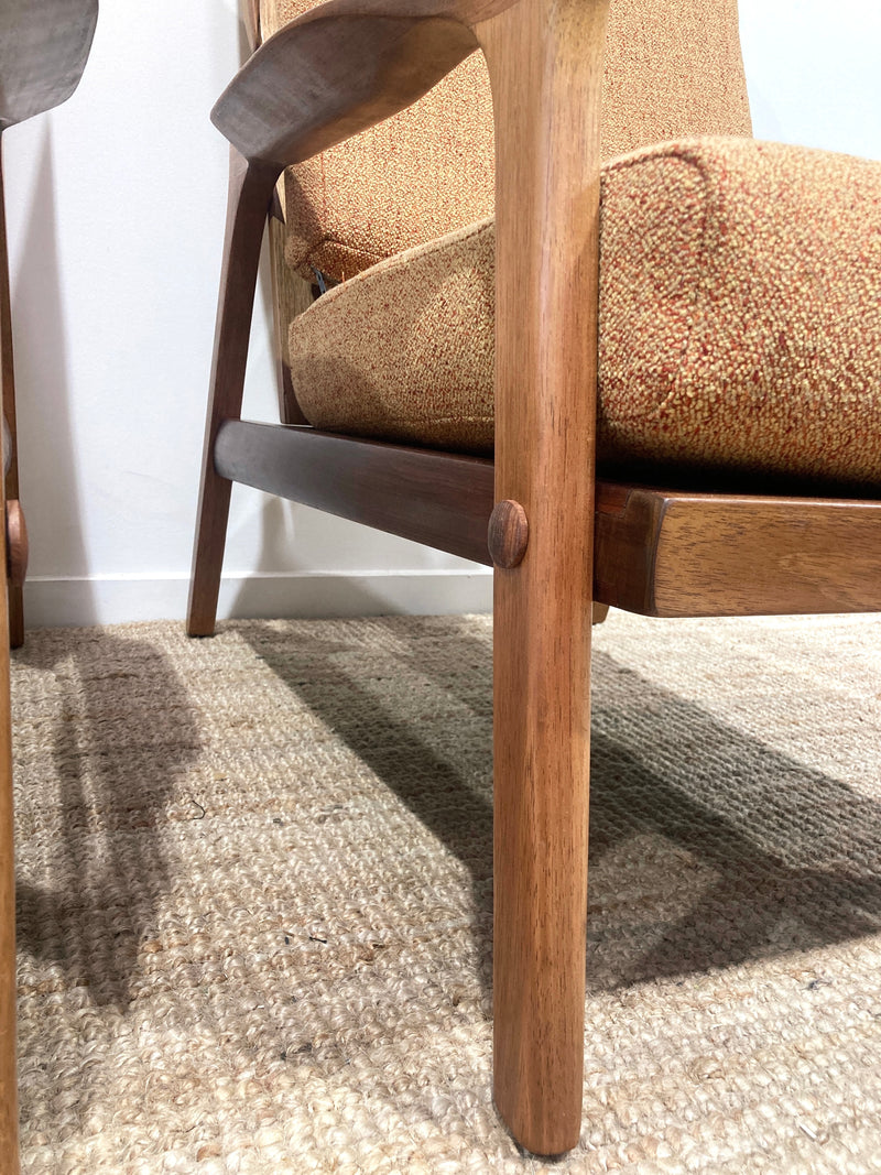Pre - order: Danish Deluxe paddle high back armchairs Inga restored Zepel fabric boucle teak