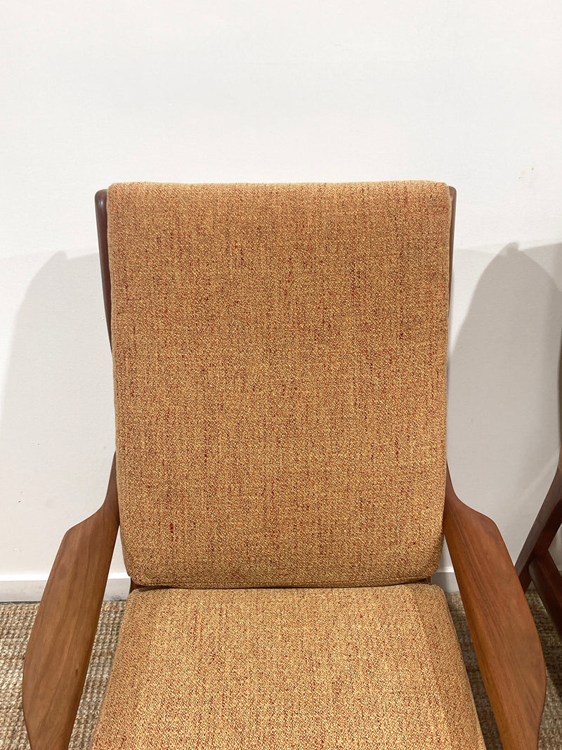 Pre - order: Danish Deluxe paddle high back armchairs Inga restored Zepel fabric boucle teak