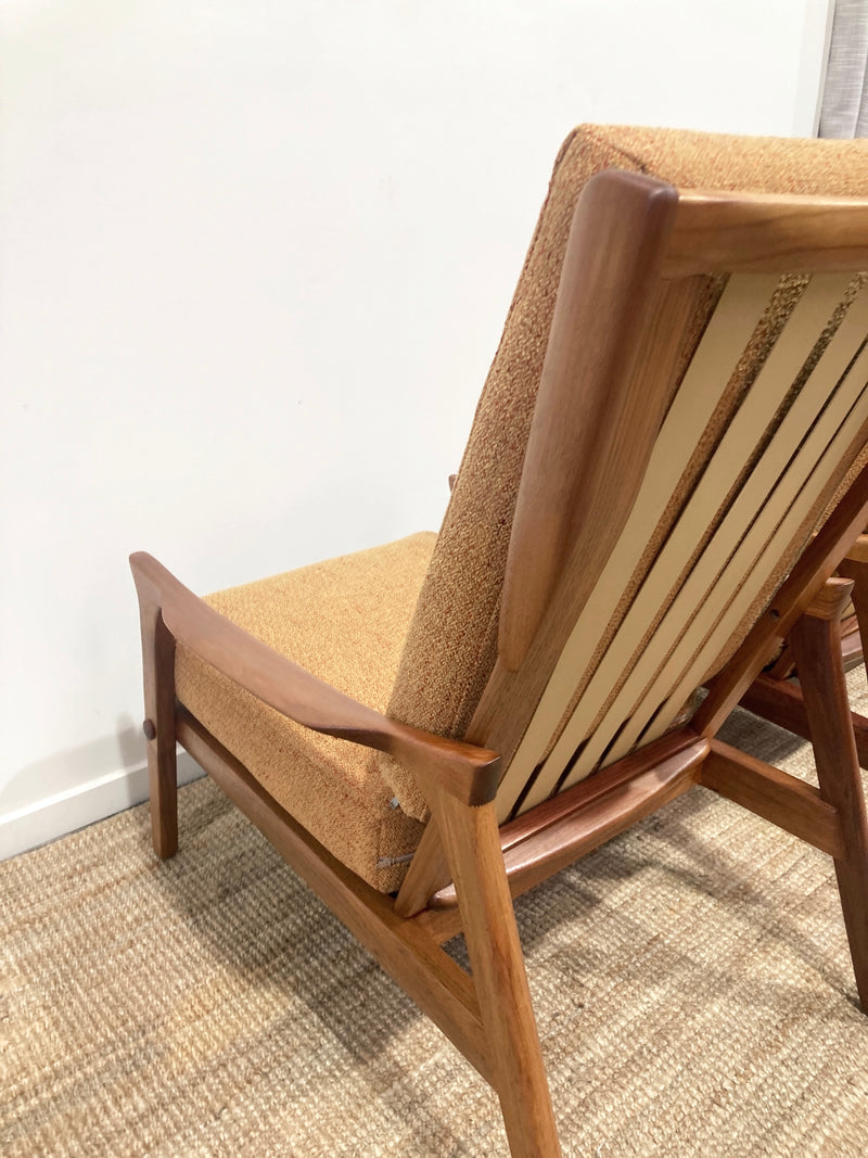 Pre - order: Danish Deluxe paddle high back armchairs Inga restored Zepel fabric boucle teak