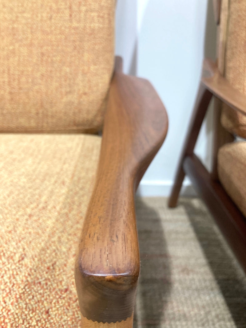 Pre - order: Danish Deluxe paddle high back armchairs Inga restored Zepel fabric boucle teak