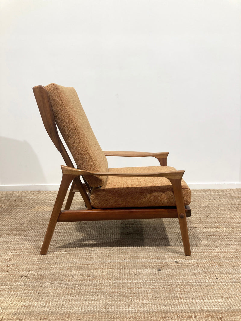 Pre - order: Danish Deluxe paddle high back armchairs Inga restored Zepel fabric boucle teak