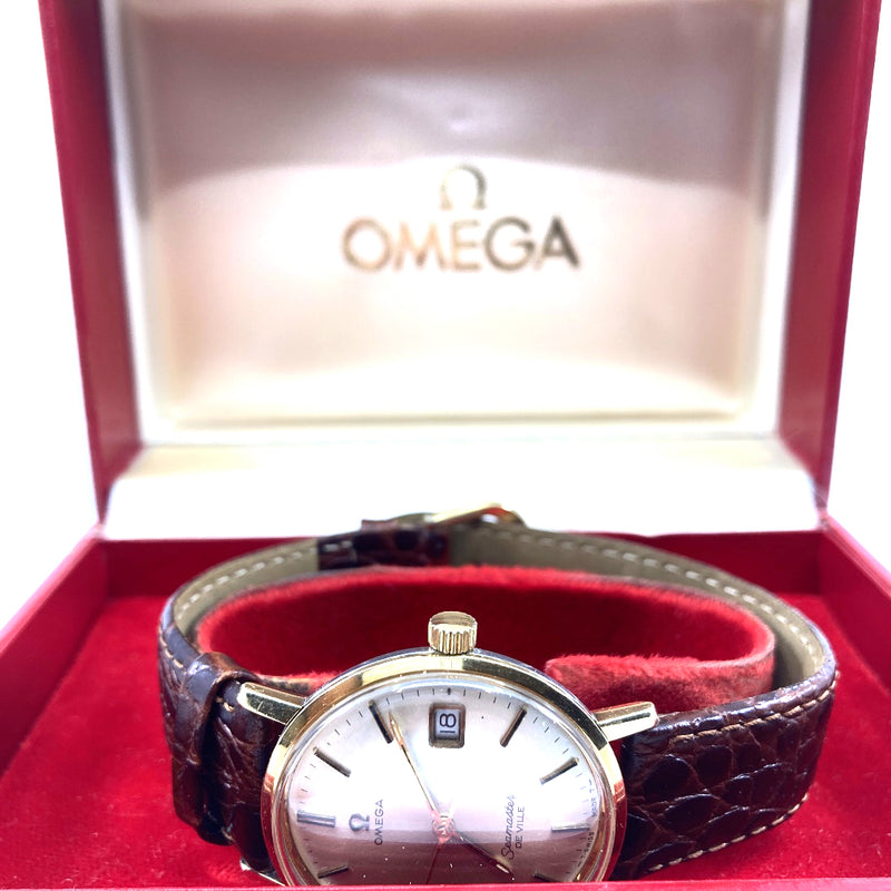 Omega seamaster De Ville gold mens wrist watch vintage restored serviced brown leather strap Cal 562