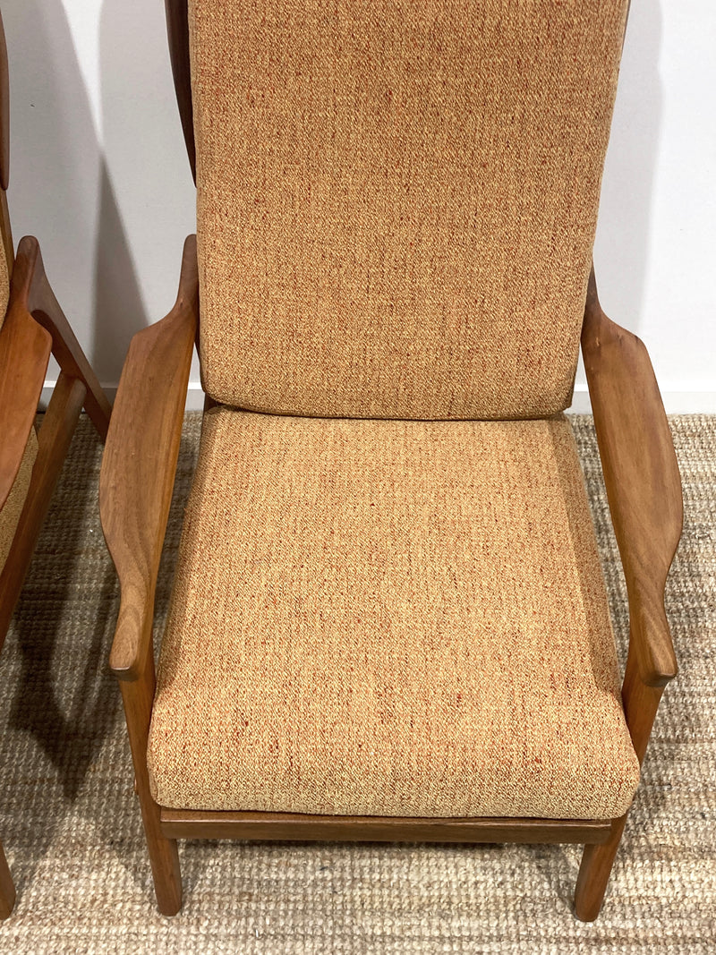 Pre - order: Danish Deluxe paddle high back armchairs Inga restored Zepel fabric boucle teak