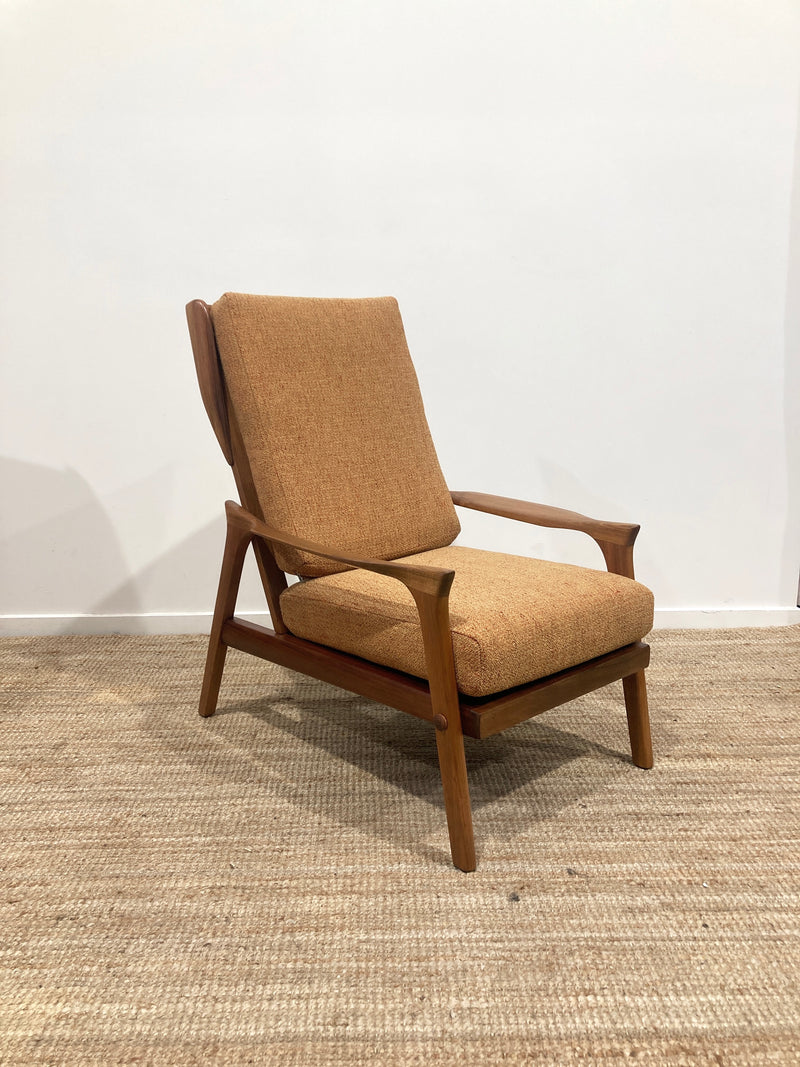 Pre - order: Danish Deluxe paddle high back armchairs Inga restored Zepel fabric boucle teak