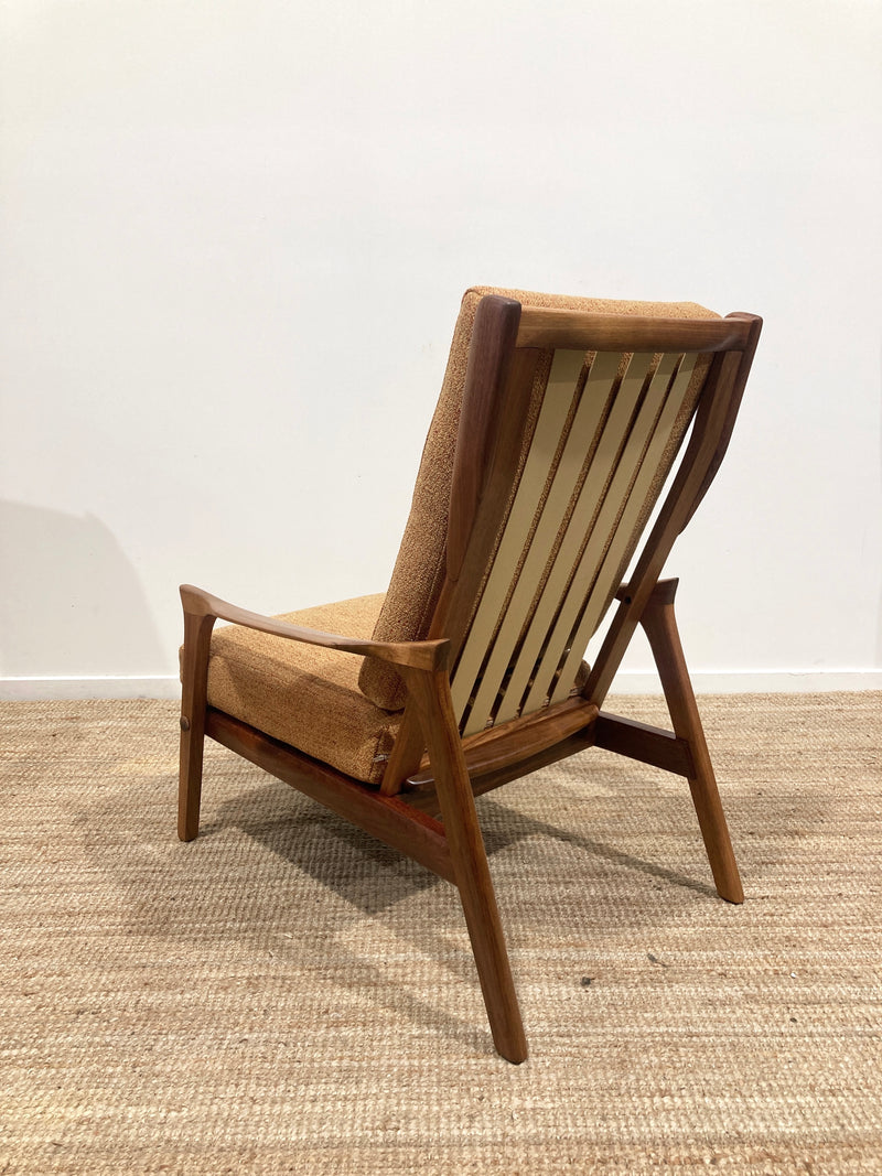 Pre - order: Danish Deluxe paddle high back armchairs Inga restored Zepel fabric boucle teak